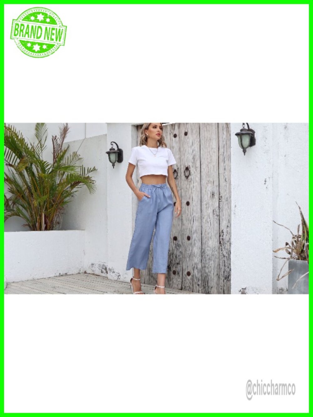 Linen Blend Cropped Wide Leg High Rise Pants Drawstring - Picture 6 of 6